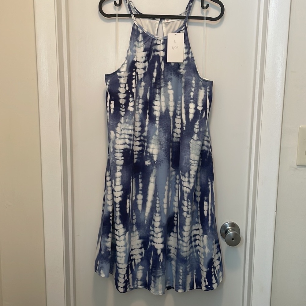 NWT FSL Apparel blue tie dye halter dress size L